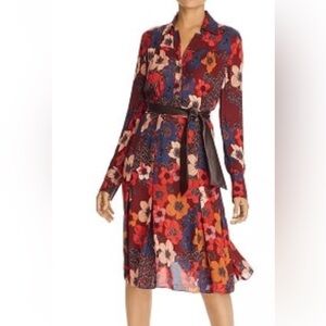 Elie Tahari Red and Blue Floral Long Sleeve Dress